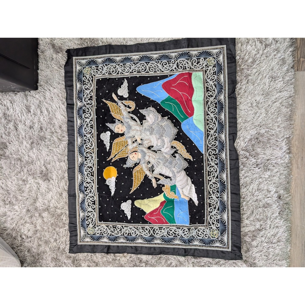 Tapestry Wall Hanging Embroidered Sequin‎ Velvet Black Gold